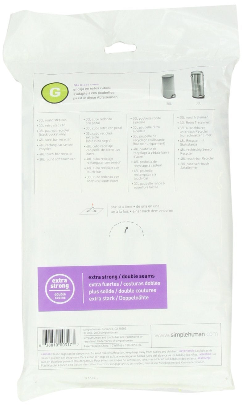simplehuman Code G Custom Fit Drawstring Trash Bags in Dispenser Packs, 30 Liter / 8 Gallon, White â€“ 20 Liners - Image 2